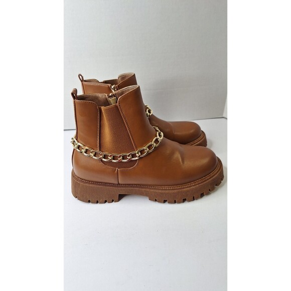 Women's Brown Lugged Sole Chunky Ankle Boots/Booties w/ Gold Chain Sz 10 Grunge - Picture 3 of 11